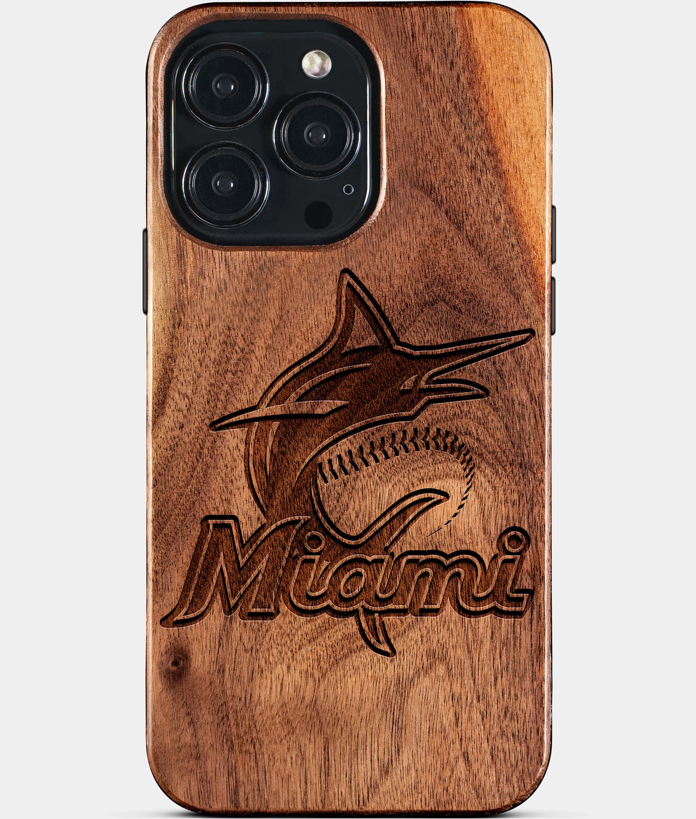 Custom Miami Marlins iPhone 15/15 Pro/15 Pro Max/15 Plus Case - Carved Wood Marlins Cover - Eco-friendly Miami Marlins iPhone 15 Case - Custom Miami Marlins Gift For Him - Monogrammed Personalized iPhone 15 Cover By Engraved In Nature