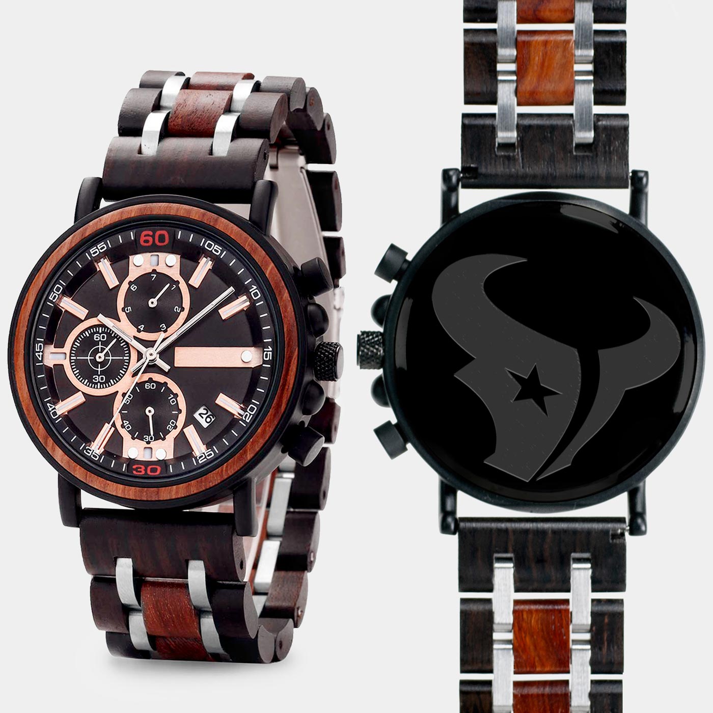 Houston Texans Mens Wrist Watch  - Personalized Houston Texans Mens Watches - Custom Gifts For Him, Birthday Gifts, Gift For Dad - Best 2022 Houston Texans Christmas Gifts - Black 45mm NFL Wood Watch