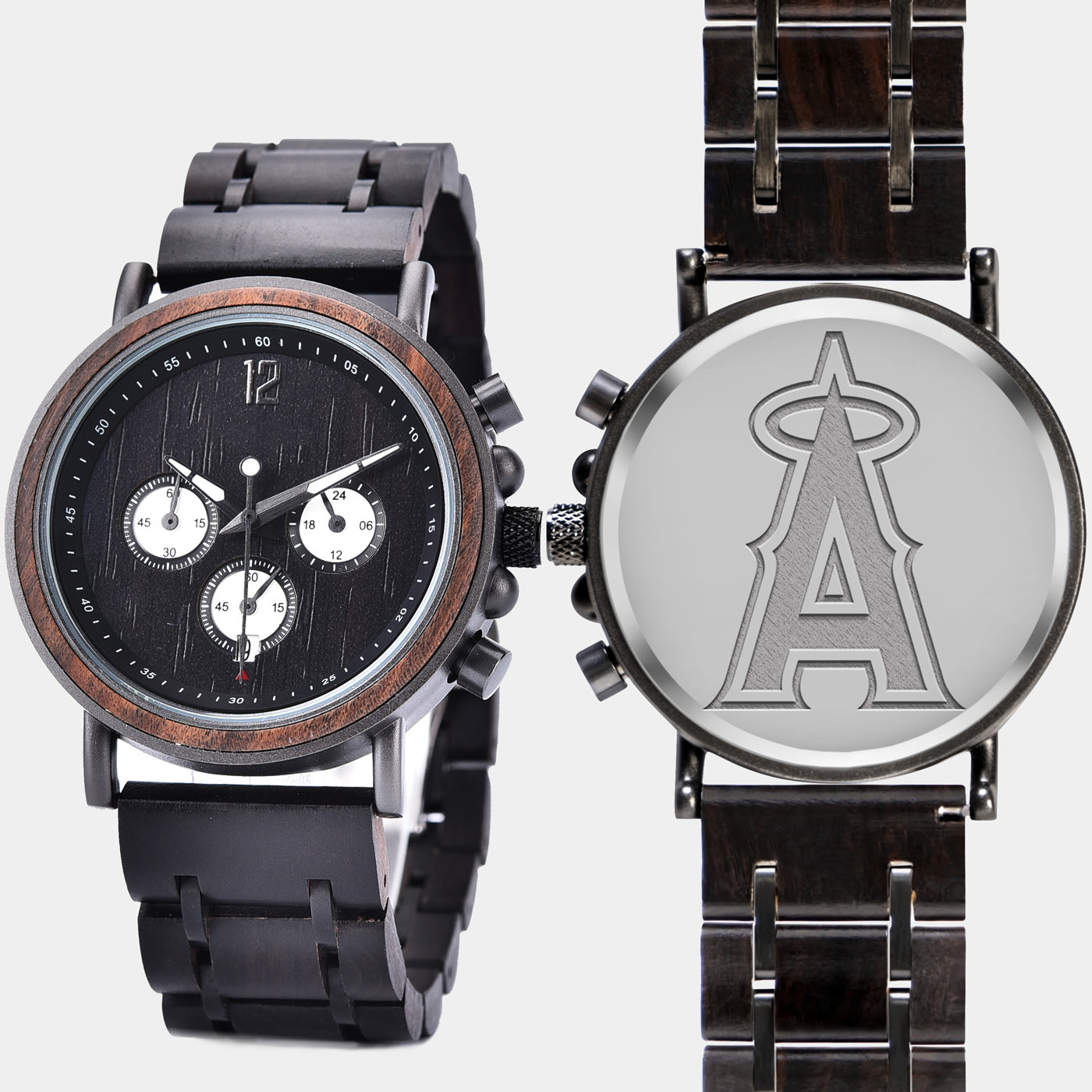 Los Angeles Angels Mens Wrist Watch  - Personalized Los Angeles Angels Mens Watches - Custom Gifts For Him, Birthday Gifts, Gift For Dad - Best 2022 Los Angeles Angels Christmas Gifts - Black 45mm MLB Wood Watch