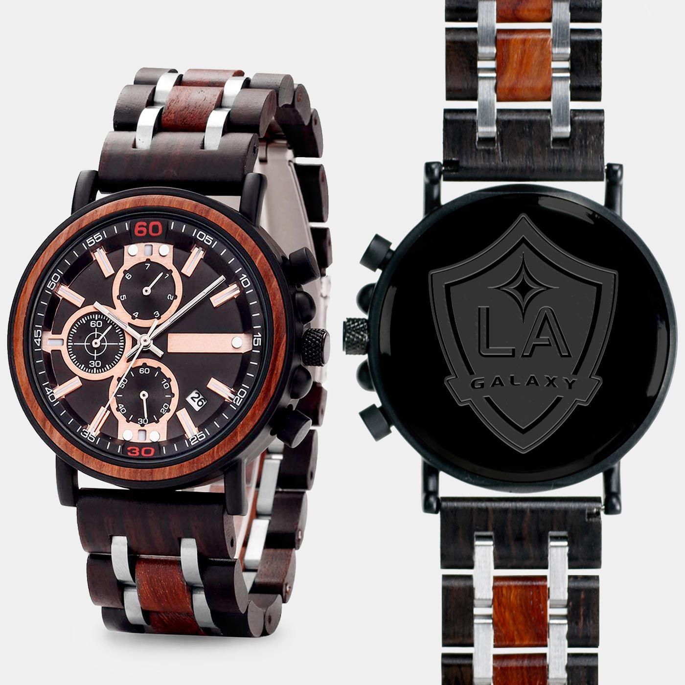 Los Angeles Galaxy Mens Wrist Watch  - Personalized Los Angeles Galaxy Mens Watches - Custom Gifts For Him, Birthday Gifts, Gift For Dad - Best 2022 Los Angeles Galaxy Christmas Gifts - Black 45mm MLS Wood Watch