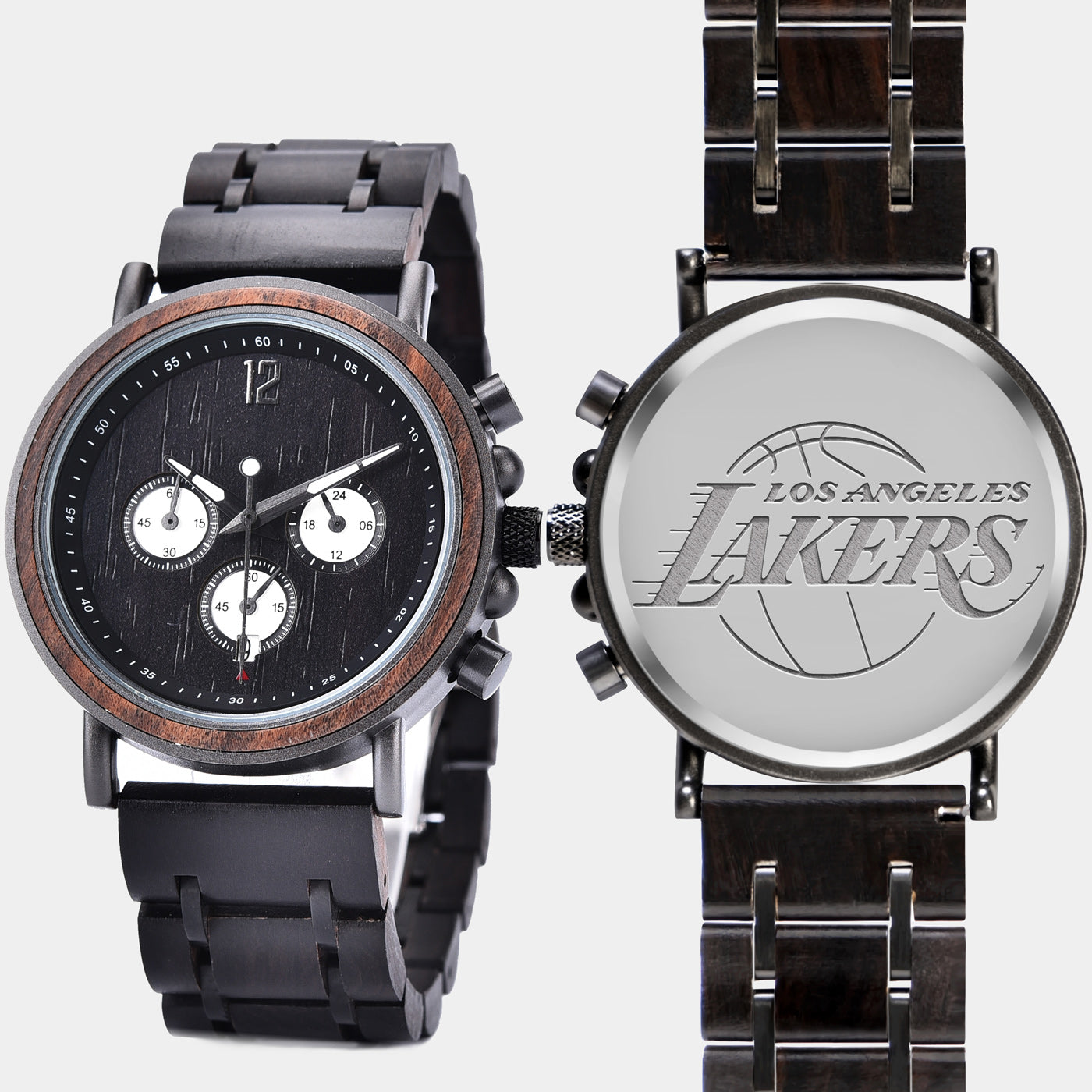 Los Angeles Lakers Mens Wrist Watch  - Personalized Los Angeles Lakers Mens Watches - Custom Gifts For Him, Birthday Gifts, Gift For Dad - Best 2022 Los Angeles Lakers Christmas Gifts - Black 45mm NBA Wood Watch