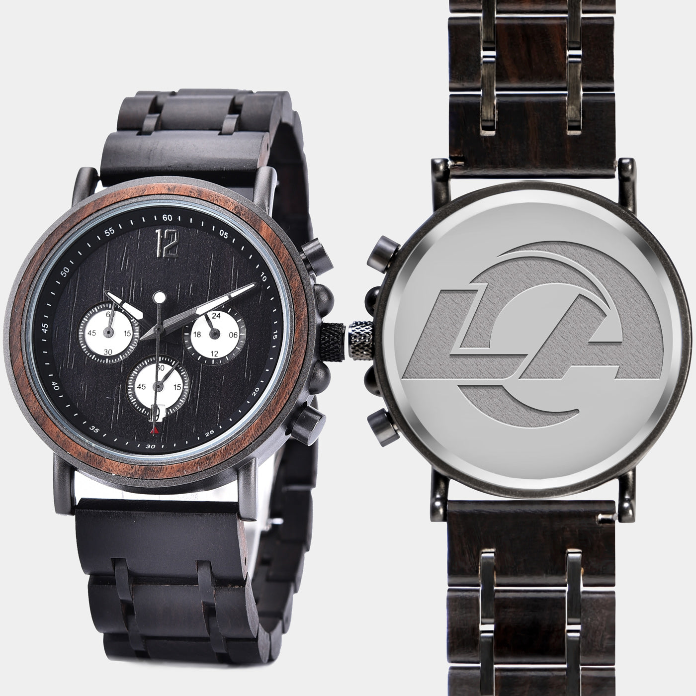 Los Angeles Rams Mens Wrist Watch  - Personalized Los Angeles Rams Mens Watches - Custom Gifts For Him, Birthday Gifts, Gift For Dad - Best 2022 Los Angeles Rams Christmas Gifts - Black 45mm NFL Wood Watch