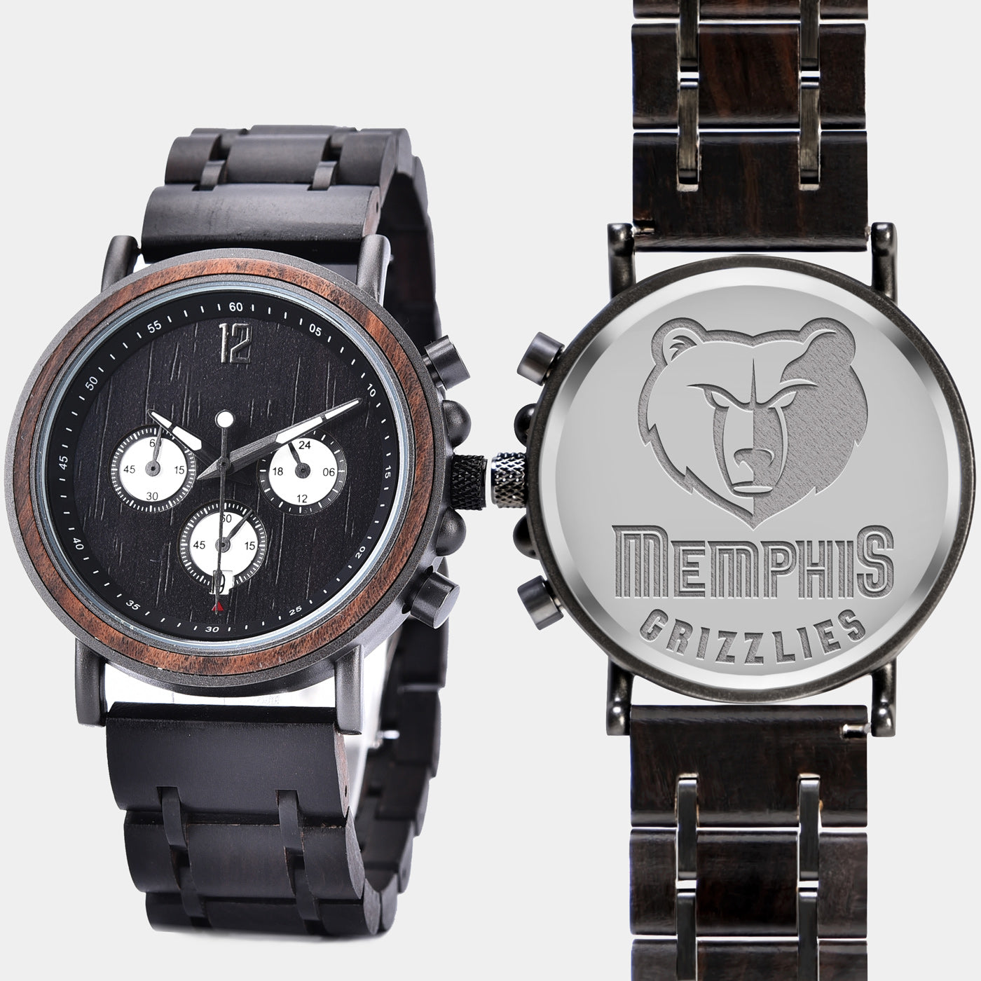 Memphis Grizzlies Mens Wrist Watch  - Personalized Memphis Grizzlies Mens Watches - Custom Gifts For Him, Birthday Gifts, Gift For Dad - Best 2022 Memphis Grizzlies Christmas Gifts - Black 45mm NBA Wood Watch