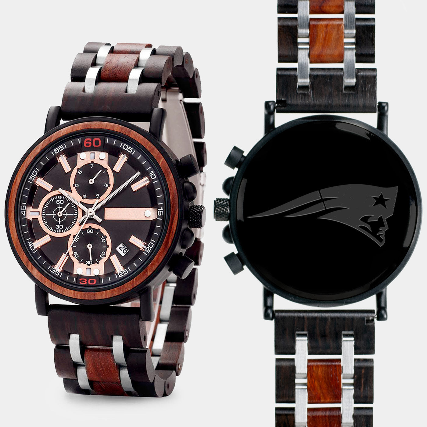 New England Patriots Mens Wrist Watch  - Personalized New England Patriots Mens Watches - Custom Gifts For Him, Birthday Gifts, Gift For Dad - Best 2022 New England Patriots Christmas Gifts - Black 45mm NFL Wood Watch