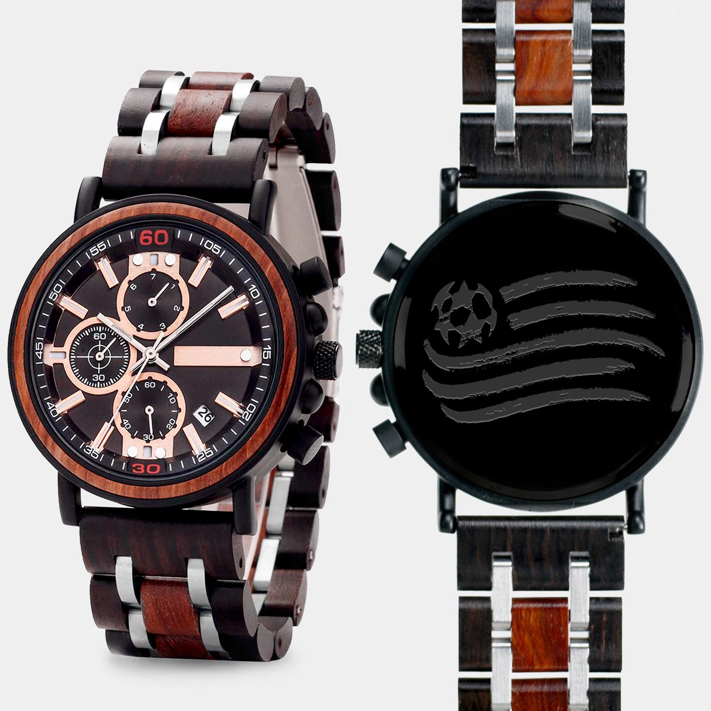 New England Revolution Mens Wrist Watch  - Personalized New England Revolution Mens Watches - Custom Gifts For Him, Birthday Gifts, Gift For Dad - Best 2022 New England Revolution Christmas Gifts - Black 45mm MLS Wood Watch