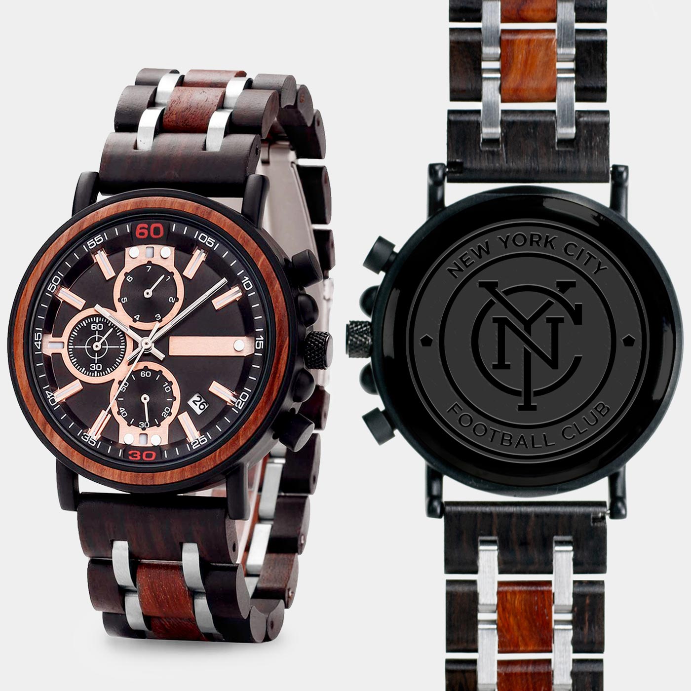 New York City FC Mens Wrist Watch  - Personalized New York City FC Mens Watches - Custom Gifts For Him, Birthday Gifts, Gift For Dad - Best 2022 New York City FC Christmas Gifts - Black 45mm MLS Wood Watch