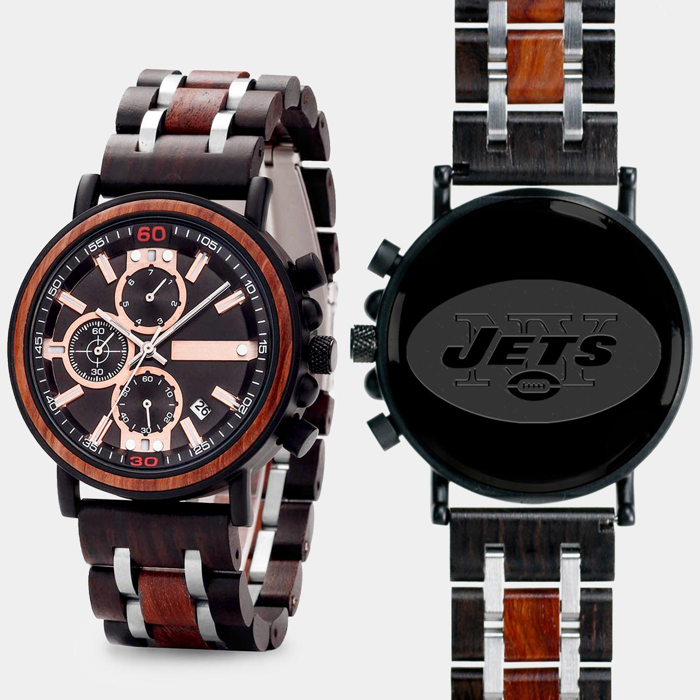 New York Jets Mens Wrist Watch  - Personalized New York Jets Mens Watches - Custom Gifts For Him, Birthday Gifts, Gift For Dad - Best 2022 New York Jets Christmas Gifts - Black 45mm NFL Wood Watch
