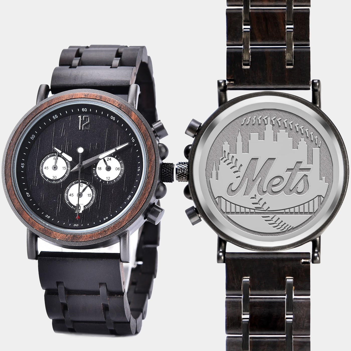 New York Mets Mens Wrist Watch  - Personalized New York Mets Mens Watches - Custom Gifts For Him, Birthday Gifts, Gift For Dad - Best 2022 New York Mets Christmas Gifts - Black 45mm MLB Wood Watch
