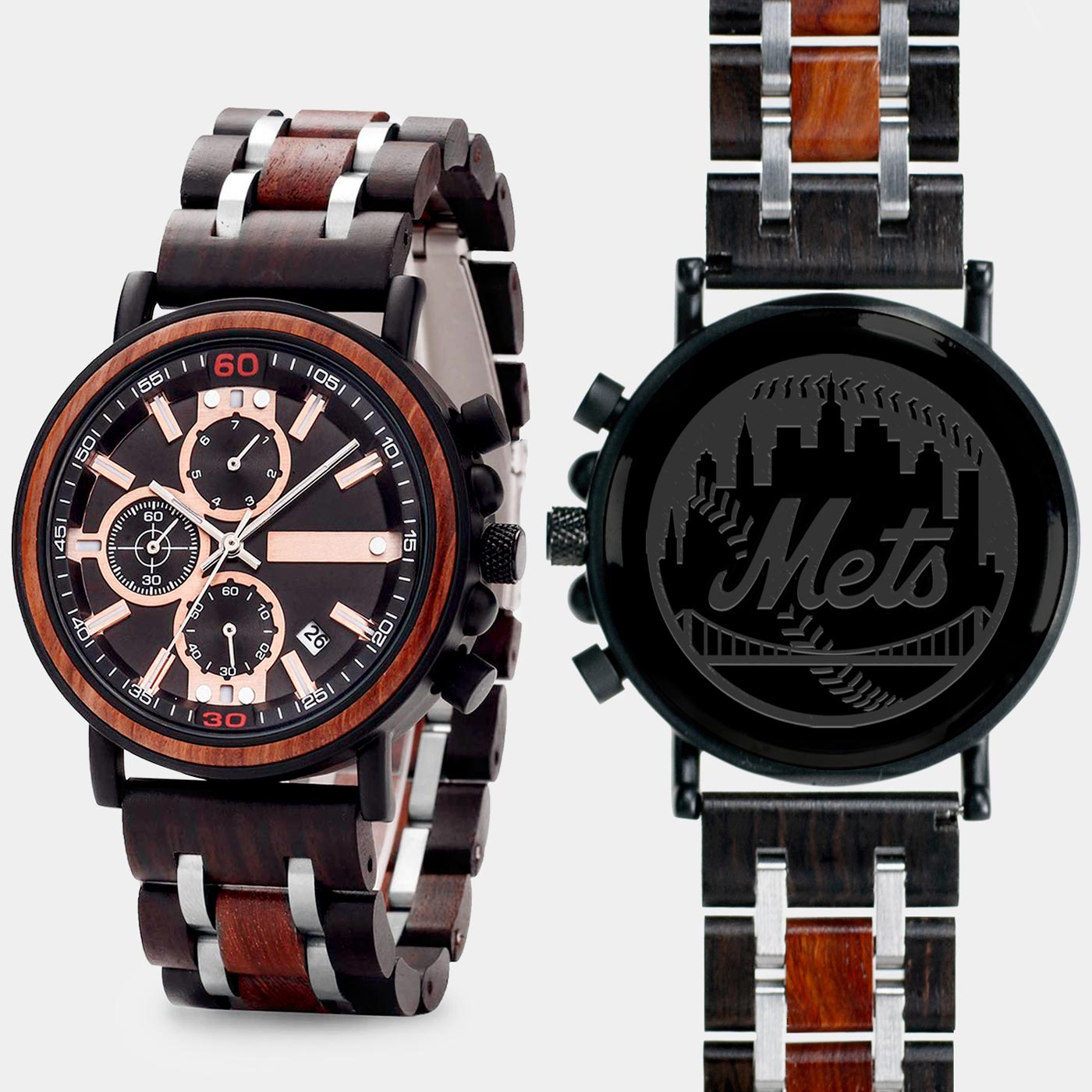New York Mets Mens Wrist Watch  - Personalized New York Mets Mens Watches - Custom Gifts For Him, Birthday Gifts, Gift For Dad - Best 2022 New York Mets Christmas Gifts - Black 45mm MLB Wood Watch