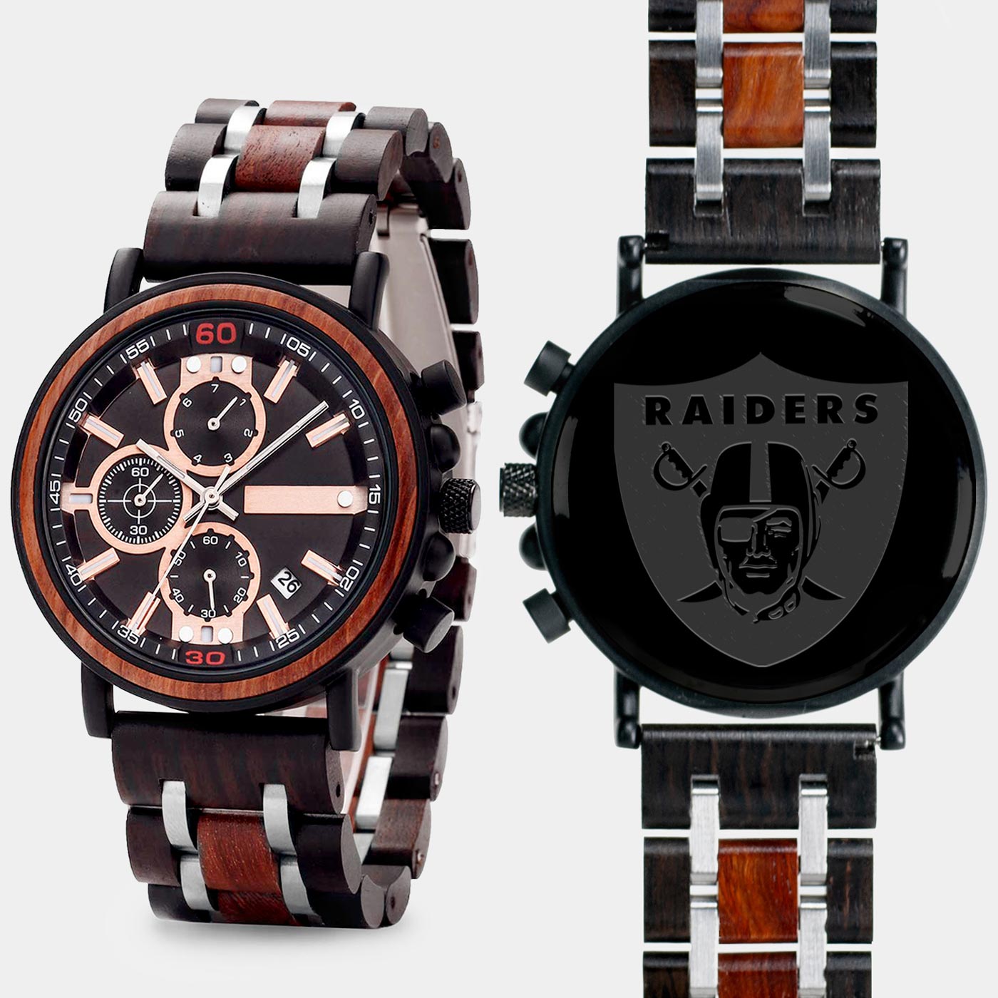 Las Vegas Raiders Mens Wrist Watch  - Personalized Las Vegas Raiders Mens Watches - Custom Gifts For Him, Birthday Gifts, Gift For Dad - Best 2022 Las Vegas Raiders Christmas Gifts - Black 45mm NFL Wood Watch