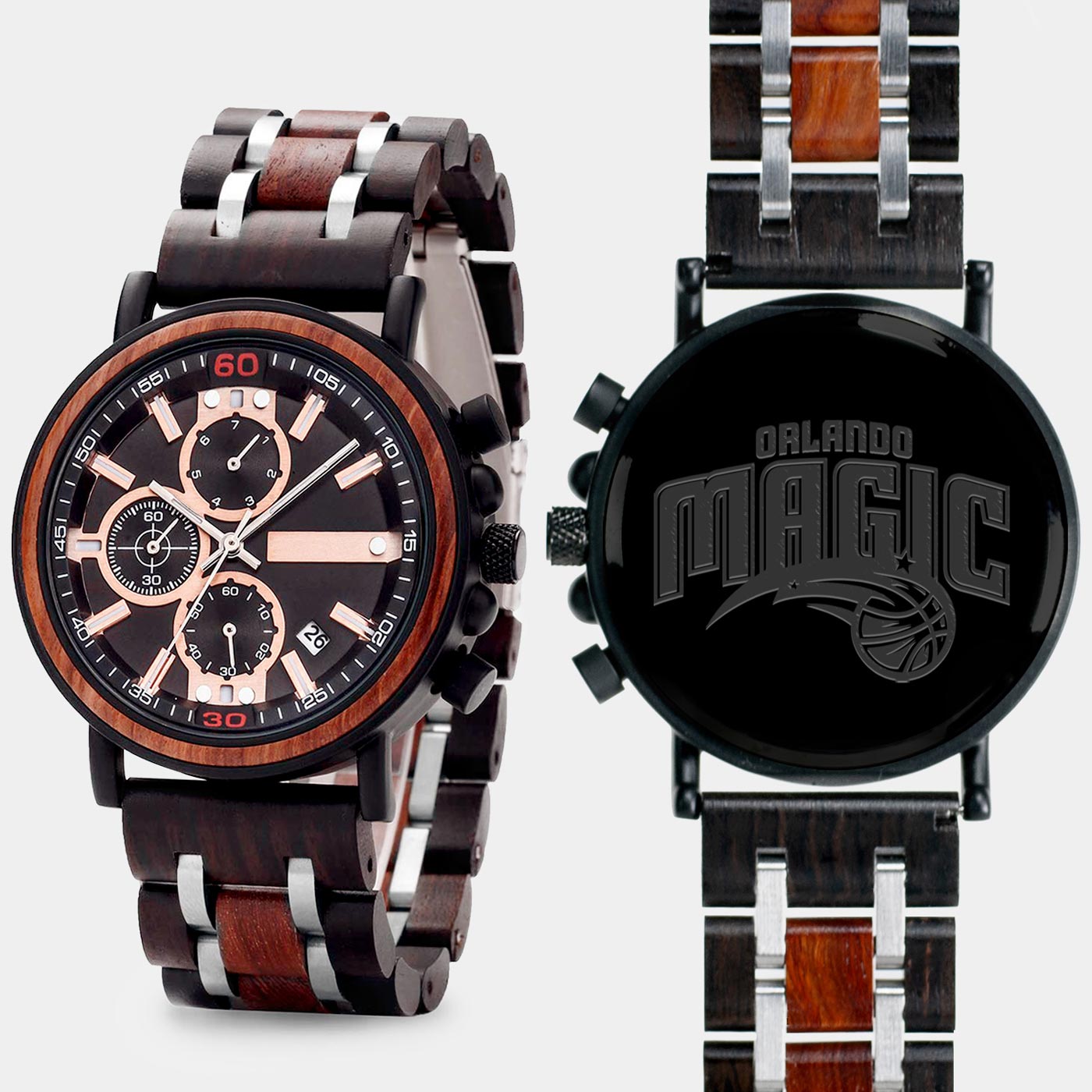 Orlando Magic Mens Wrist Watch  - Personalized Orlando Magic Mens Watches - Custom Gifts For Him, Birthday Gifts, Gift For Dad - Best 2022 Orlando Magic Christmas Gifts - Black 45mm NBA Wood Watch