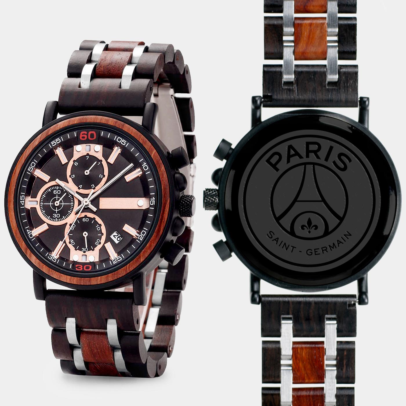 Paris Saint Germain F.C. Mens Wrist Watch  - Personalized Paris Saint Germain F.C. Mens Watches - Custom Gifts For Him, Birthday Gifts, Gift For Dad - Best 2022 Paris Saint Germain F.C. Christmas Gifts - Black 45mm FC Wood Watch