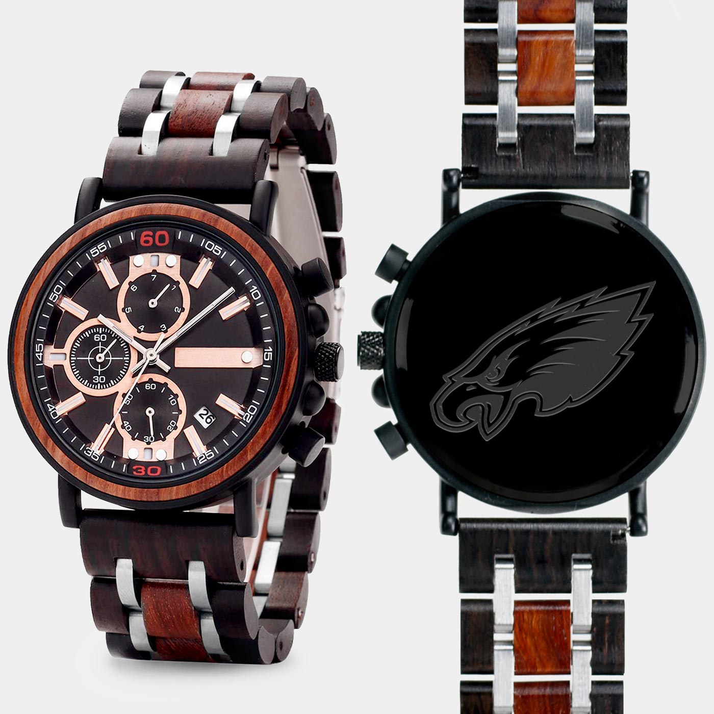 Philadelphia Eagles Mens Wrist Watch  - Personalized Philadelphia Eagles Mens Watches - Custom Gifts For Him, Birthday Gifts, Gift For Dad - Best 2022 Philadelphia Eagles Christmas Gifts - Black 45mm NFL Wood Watch