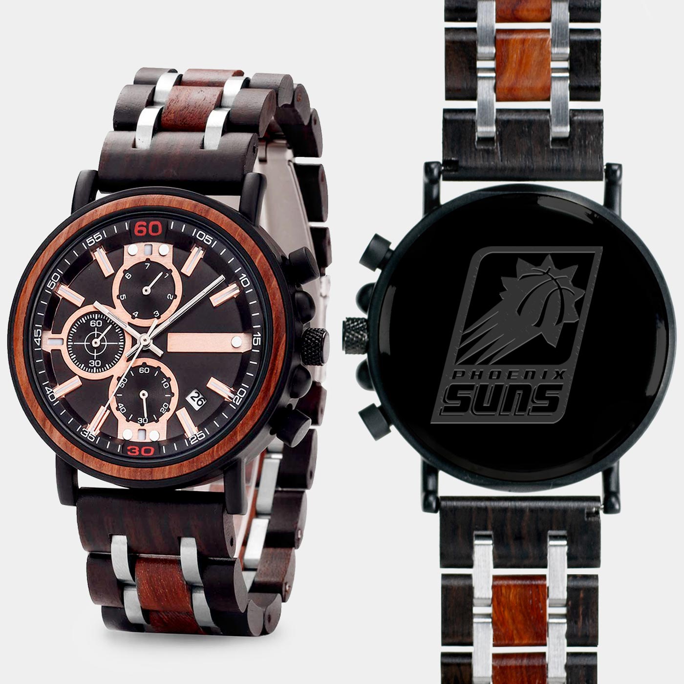 Phoenix Suns Mens Wrist Watch  - Personalized Phoenix Suns Mens Watches - Custom Gifts For Him, Birthday Gifts, Gift For Dad - Best 2022 Phoenix Suns Christmas Gifts - Black 45mm NBA Wood Watch