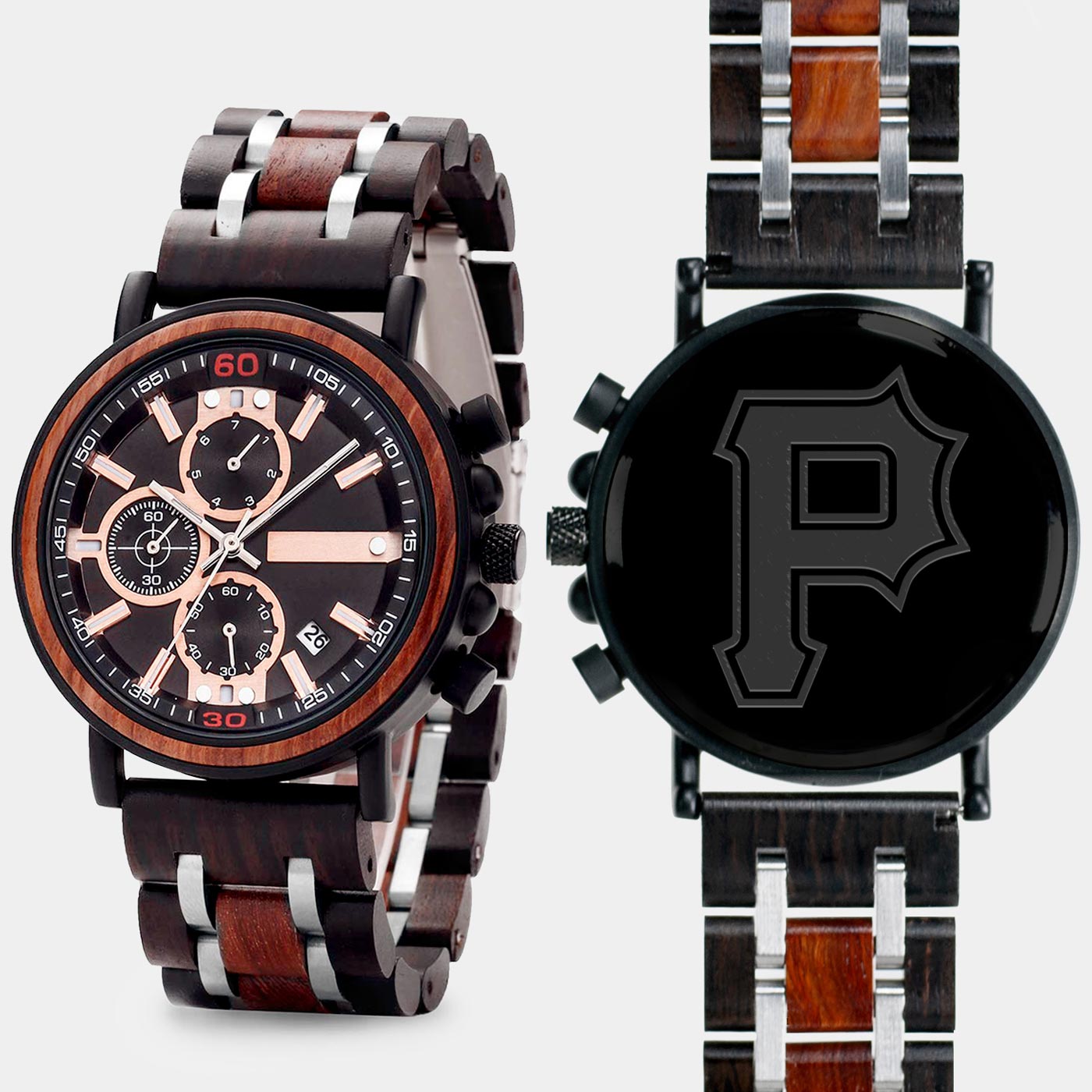 Pittsburgh Pirates Classic Mens Wrist Watch  - Personalized Pittsburgh Pirates Classic Mens Watches - Custom Gifts For Him, Birthday Gifts, Gift For Dad - Best 2022 Pittsburgh Pirates Classic Christmas Gifts - Black 45mm MLB Wood Watch