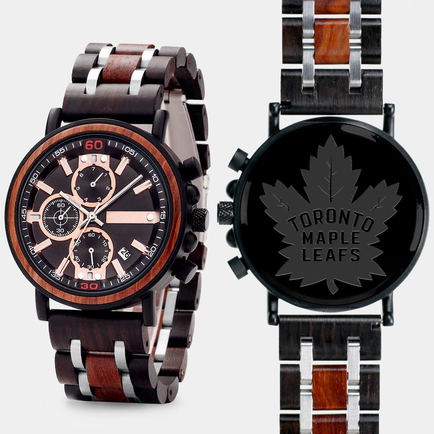 Toronto Maple Leafs Wooden Wristwatch Mahogany And Walnut Wood Chronograph Watch - Free Custom Engraving