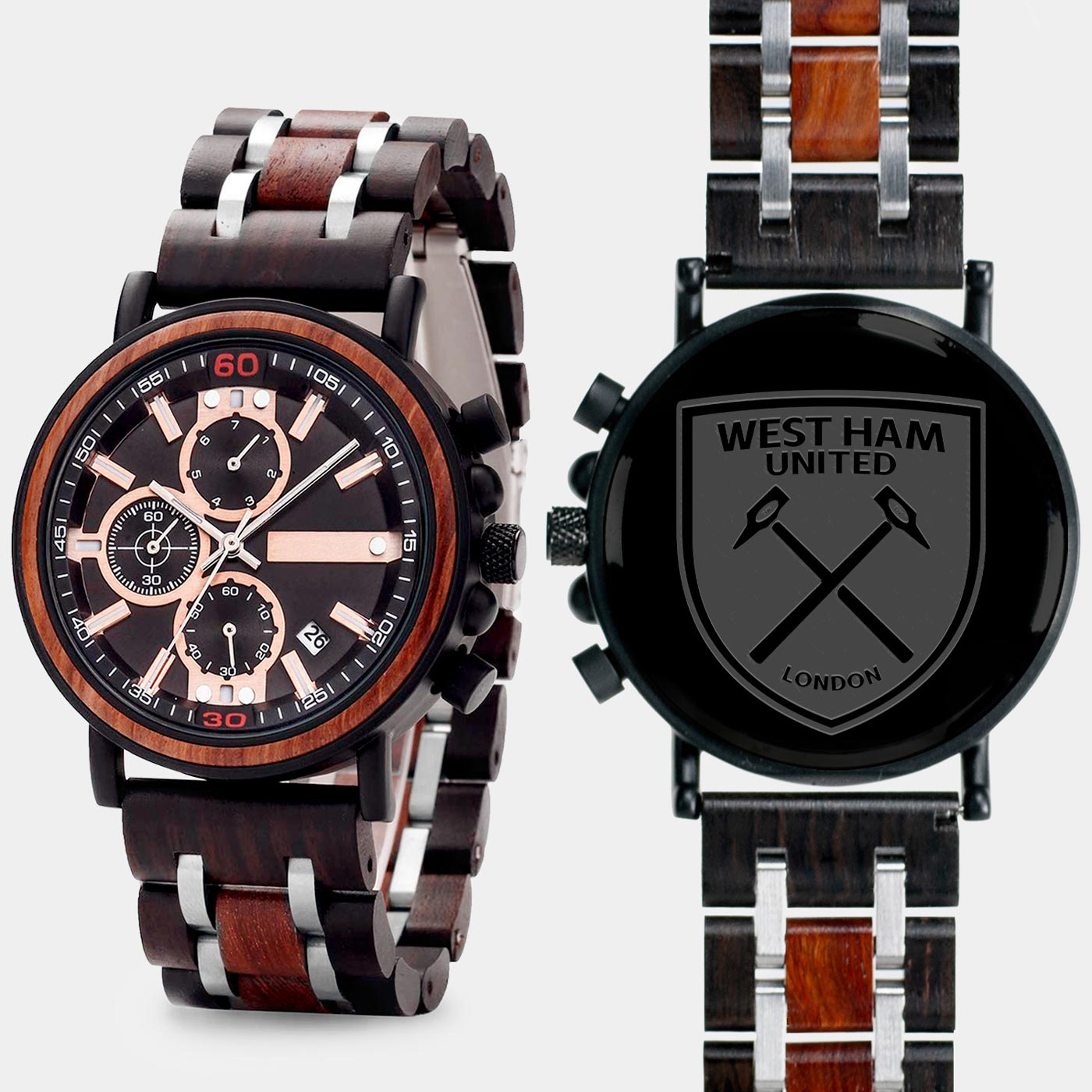 West Ham United F.C. Mens Wrist Watch  - Personalized West Ham United F.C. Mens Watches - Custom Gifts For Him, Birthday Gifts, Gift For Dad - Best 2022 West Ham United F.C. Christmas Gifts - Black 45mm FC Wood Watch