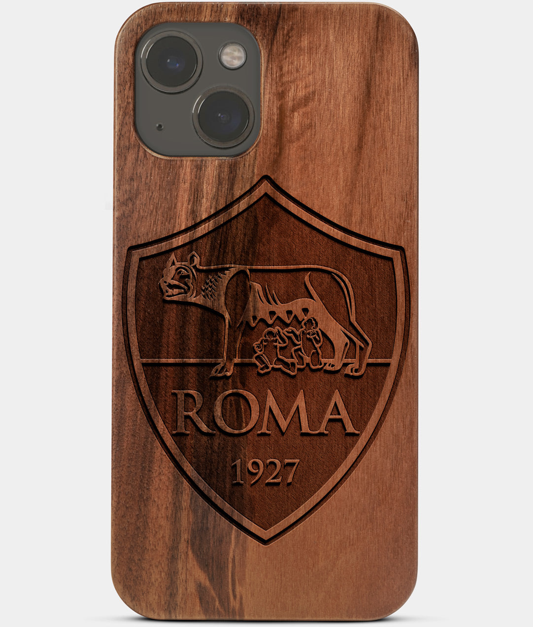 Carved Wood A.S. Roma iPhone 13 Mini Case | Custom A.S. Roma Gift, Birthday Gift | Personalized Mahogany Wood Cover, Gifts For Him, Monogrammed Gift For Fan | by Engraved In Nature