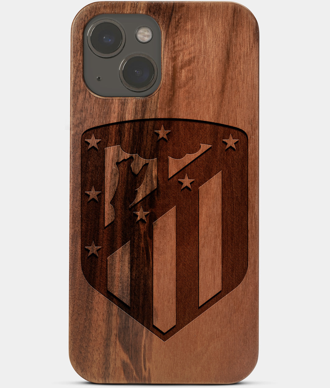 Carved Wood Atletico Madrid iPhone 13 Mini Case | Custom Atletico Madrid Gift, Birthday Gift | Personalized Mahogany Wood Cover, Gifts For Him, Monogrammed Gift For Fan | by Engraved In Nature