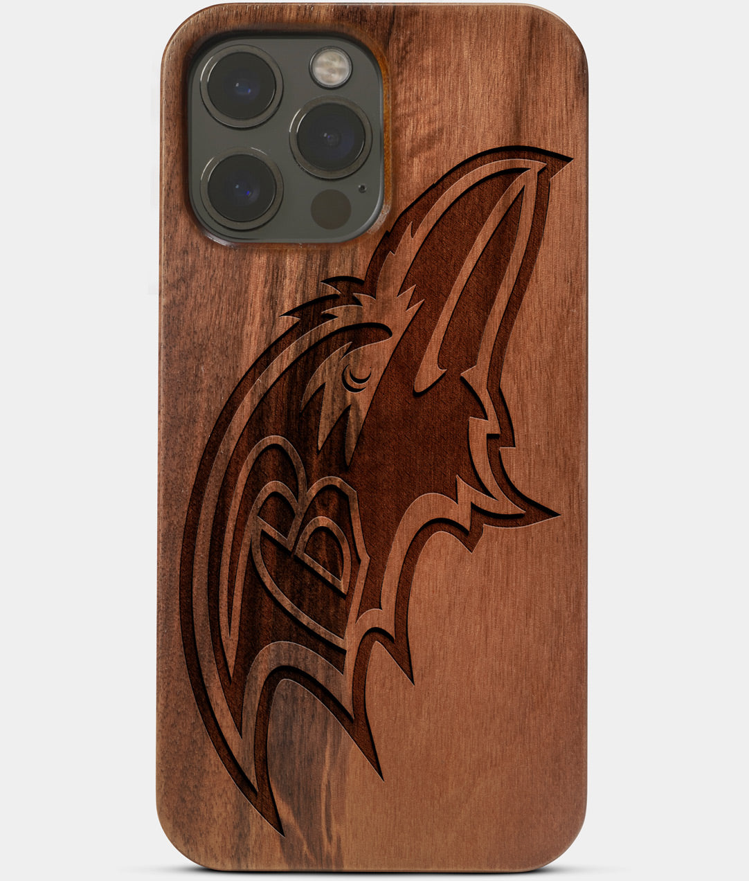 Carved Wood Baltimore Ravens iPhone 13 Pro Case | Custom Baltimore Ravens Gift, Birthday Gift | Personalized Mahogany Wood Cover, Gifts For Him, Monogrammed Gift For Fan | by Engraved In Nature