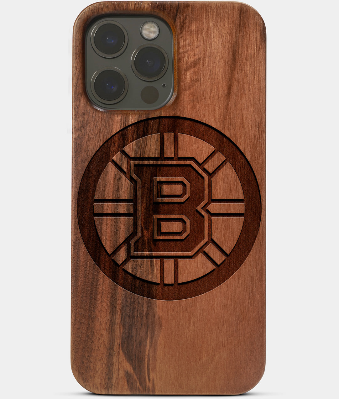 Carved Wood Boston Bruins iPhone 13 Pro Max Case | Custom Boston Bruins Gift, Birthday Gift | Personalized Mahogany Wood Cover, Gifts For Him, Monogrammed Gift For Fan | by Engraved In Nature