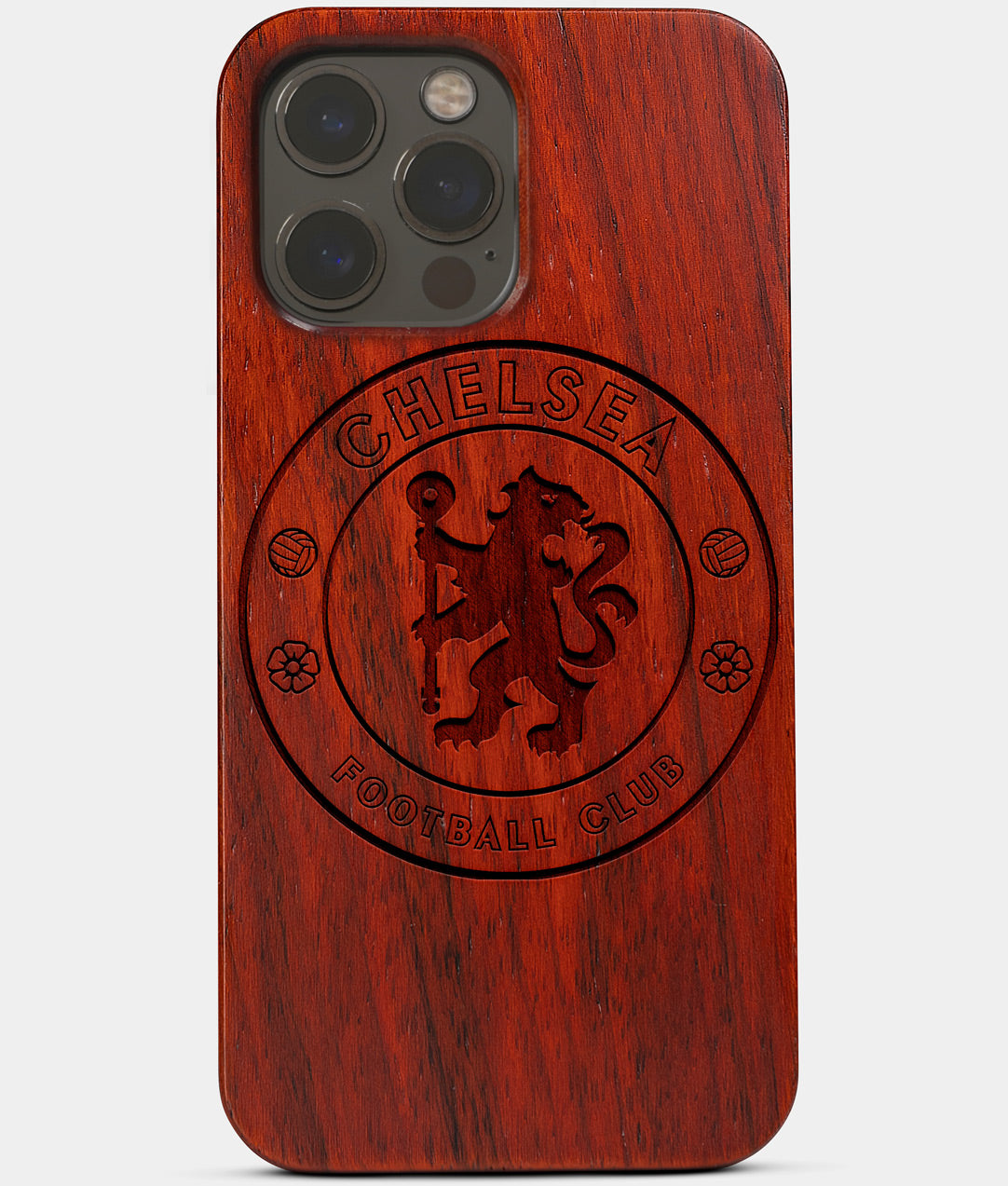 Carved Wood Chelsea F.C. iPhone 13 Pro Case | Custom Chelsea F.C. Gift, Birthday Gift | Personalized Mahogany Wood Cover, Gifts For Him, Monogrammed Gift For Fan | by Engraved In Nature