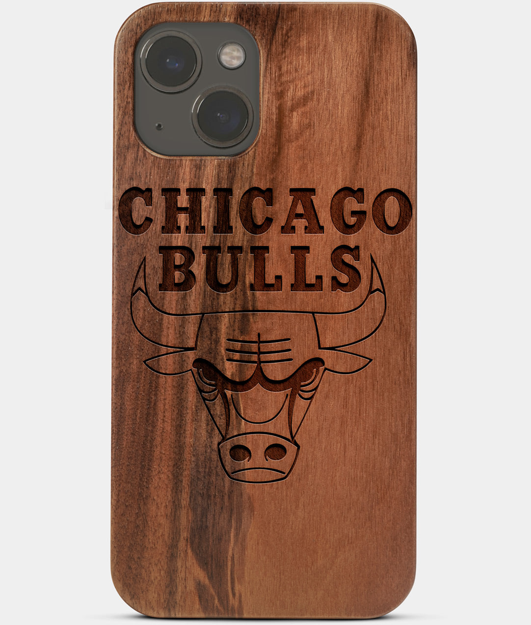 Carved Wood Chicago Bulls iPhone 13 Mini Case | Custom Chicago Bulls Gift, Birthday Gift | Personalized Mahogany Wood Cover, Gifts For Him, Monogrammed Gift For Fan | by Engraved In Nature