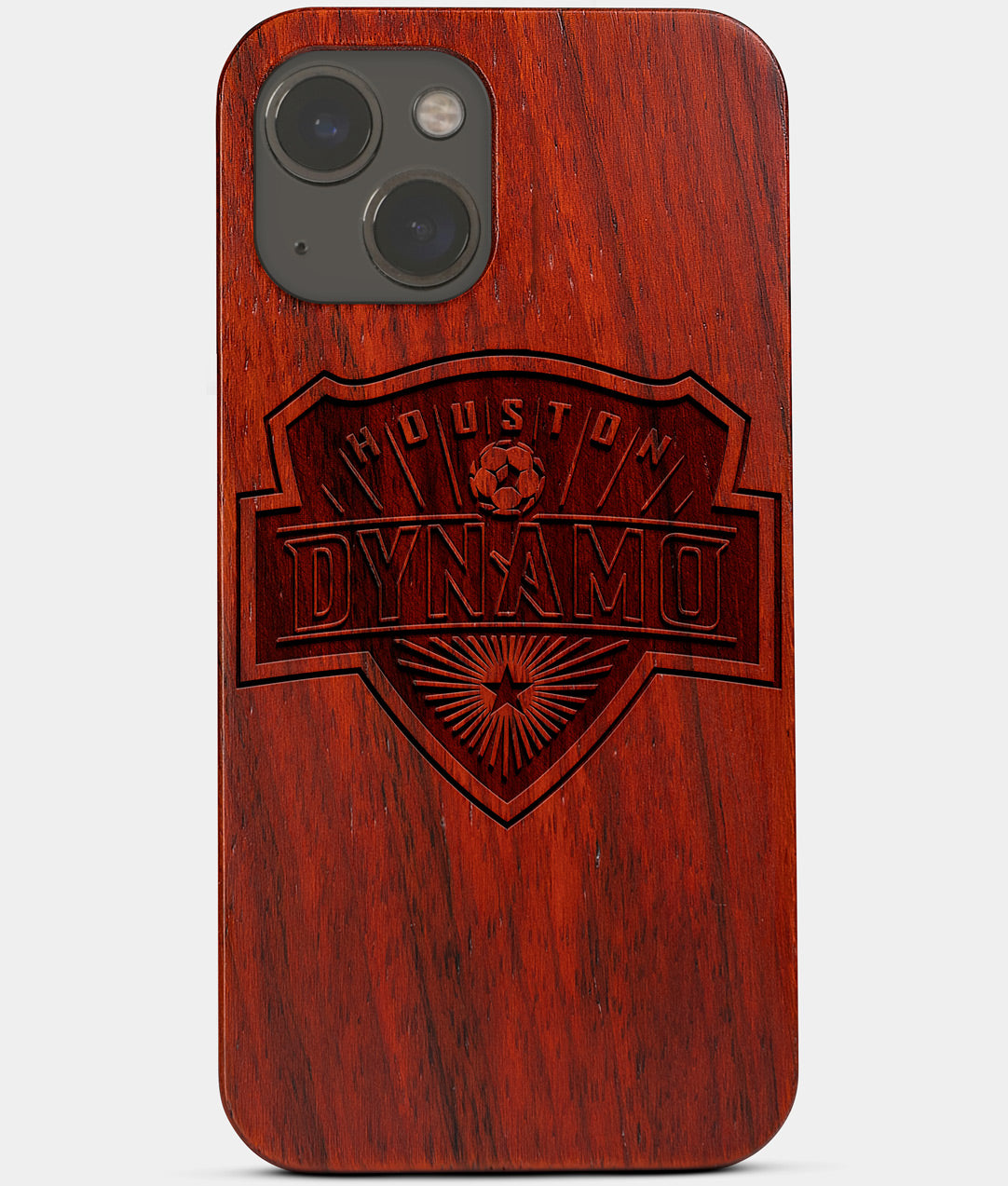 Carved Wood Houston Dynamo iPhone 13 Mini Case | Custom Houston Dynamo Gift, Birthday Gift | Personalized Mahogany Wood Cover, Gifts For Him, Monogrammed Gift For Fan | by Engraved In Nature