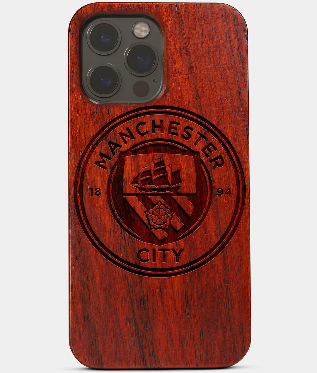 Carved Wood Manchester City F.C. iPhone 13 Pro Max Case | Custom Manchester City F.C. Gift, Birthday Gift | Personalized Mahogany Wood Cover, Gifts For Him, Monogrammed Gift For Fan | by Engraved In Nature