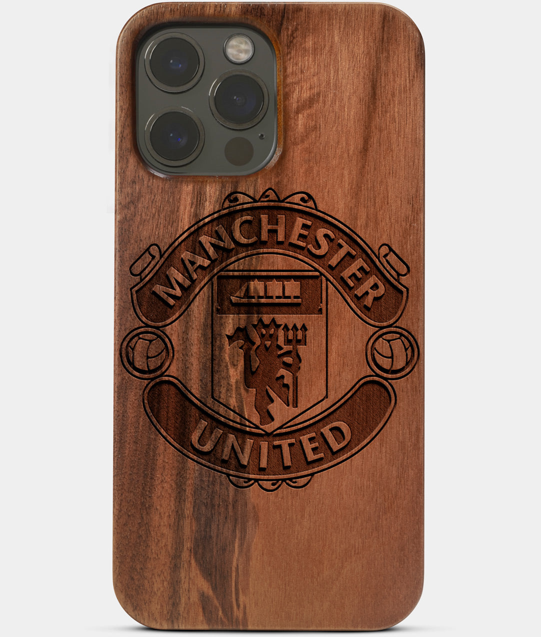 Carved Wood Manchester United F.C. iPhone 13 Pro Max Case | Custom Manchester United F.C. Gift, Birthday Gift | Personalized Mahogany Wood Cover, Gifts For Him, Monogrammed Gift For Fan | by Engraved In Nature