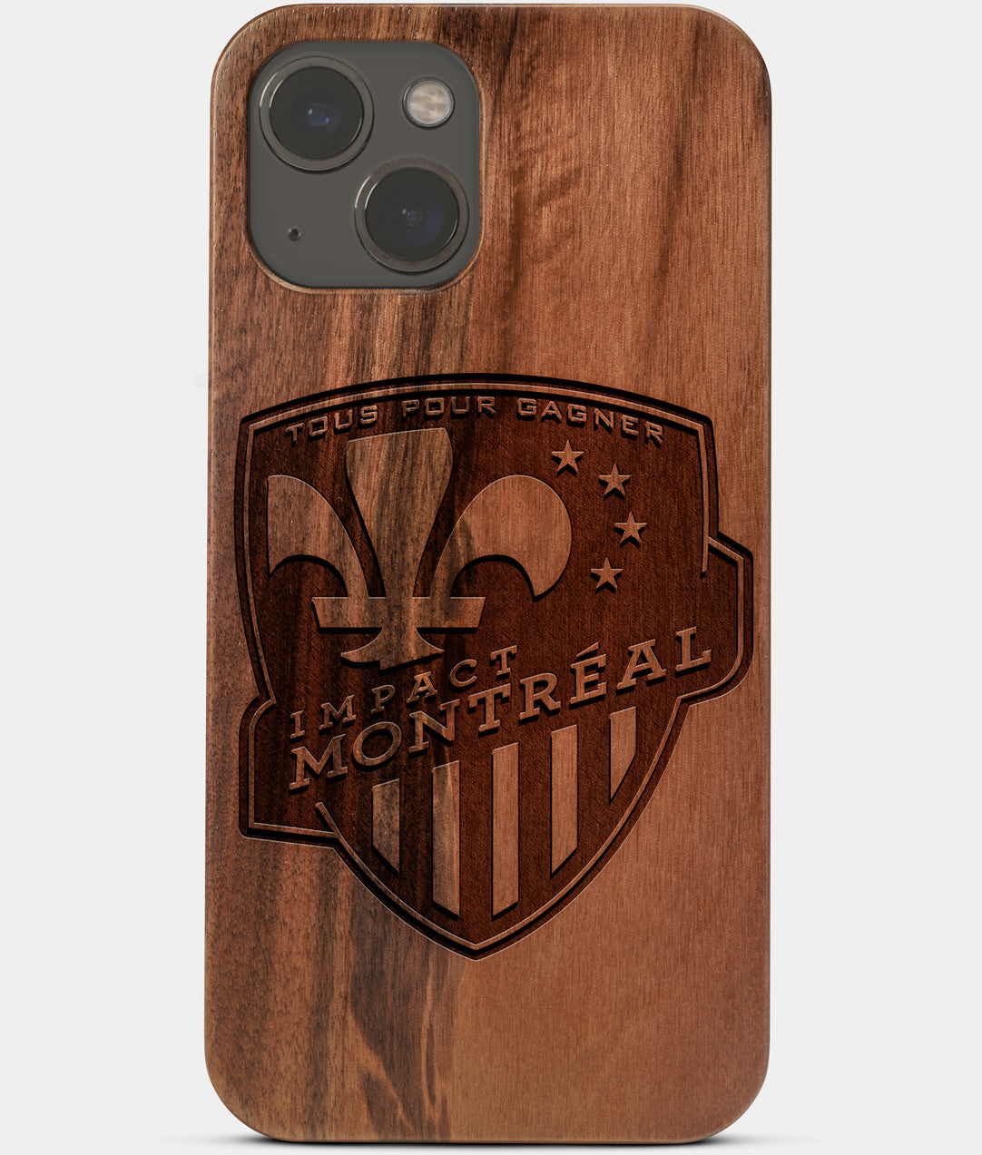 Carved Wood Montreal Impact iPhone 13 Case | Custom Montreal Impact Gift, Birthday Gift | Personalized Mahogany Wood Cover, Gifts For Him, Monogrammed Gift For Fan | by Engraved In Nature