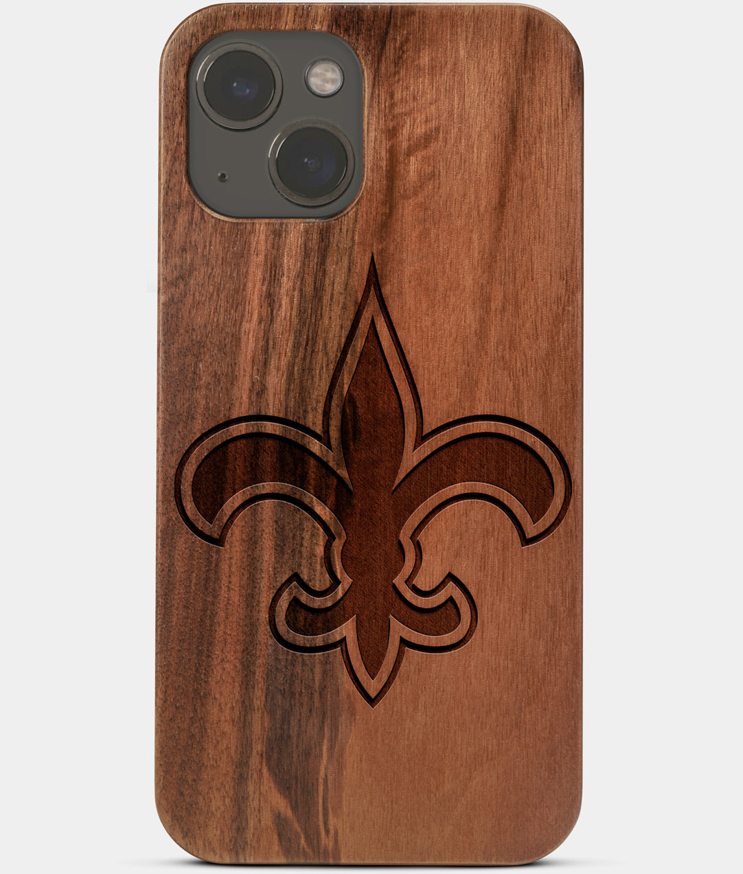 Carved Wood New Orleans Saints iPhone 13 Case | Custom New Orleans Saints Gift, Birthday Gift | Personalized Mahogany Wood Cover, Gifts For Him, Monogrammed Gift For Fan | by Engraved In Nature