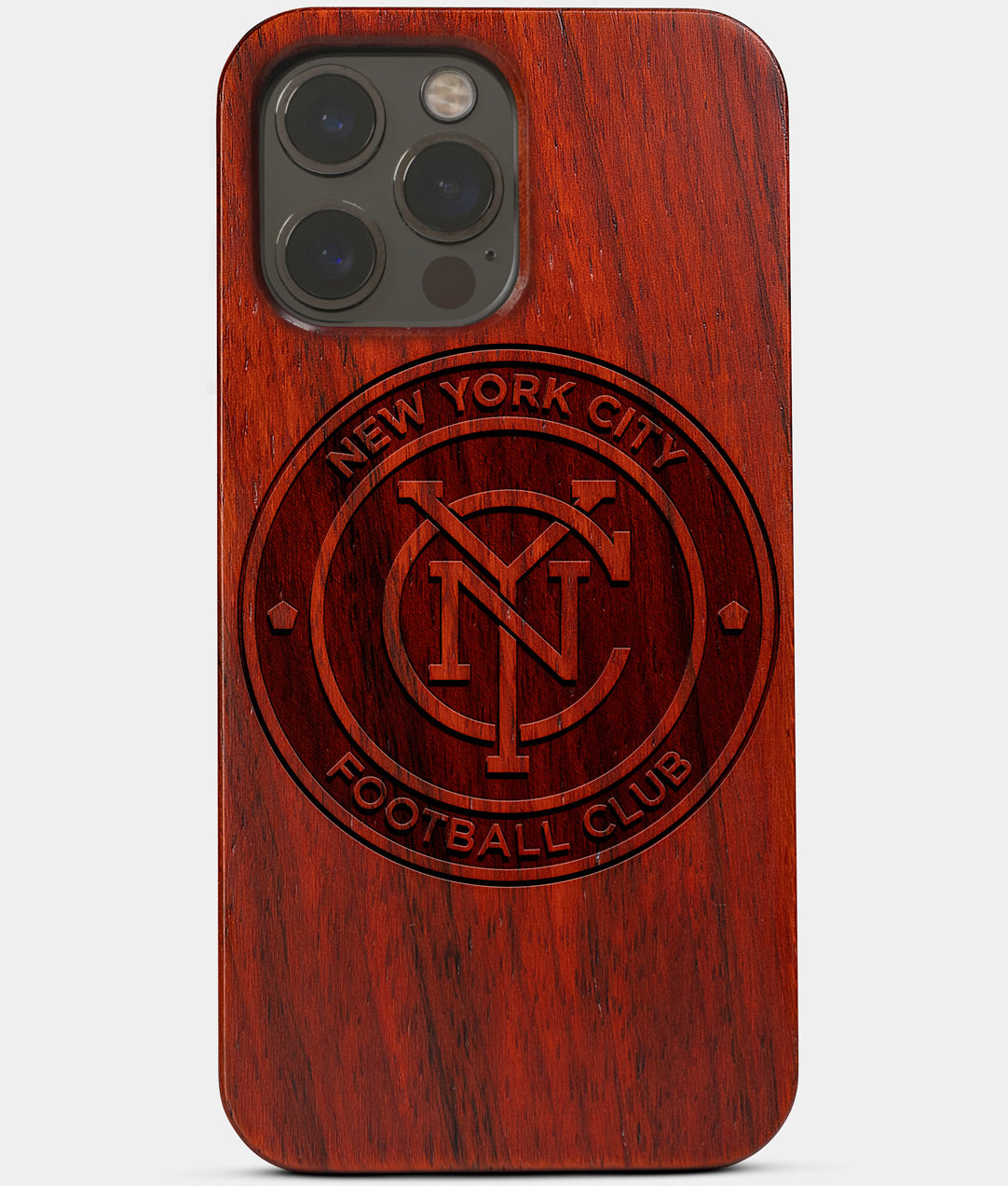 Carved Wood New York City FC iPhone 13 Pro Case | Custom NY City FC Gift, Birthday Gift | Personalized Mahogany Wood Cover, Gifts For Him, Monogrammed Gift For Fan | by Engraved In Nature