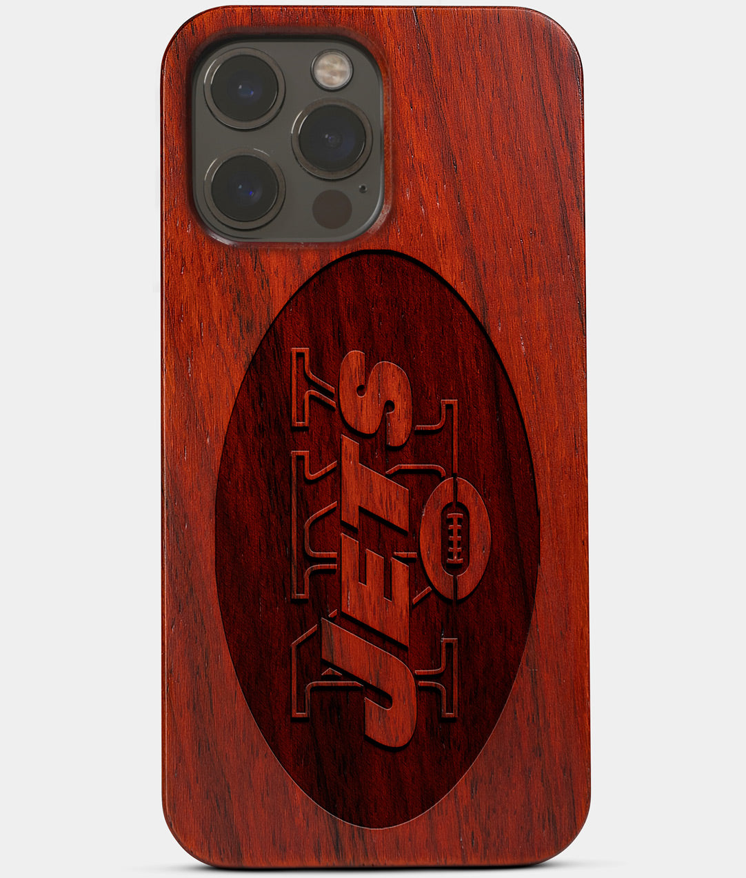 Carved Wood New York Jets iPhone 13 Pro Case | Custom NY Jets Gift, Birthday Gift | Personalized Mahogany Wood Cover, Gifts For Him, Monogrammed Gift For Fan | by Engraved In Nature