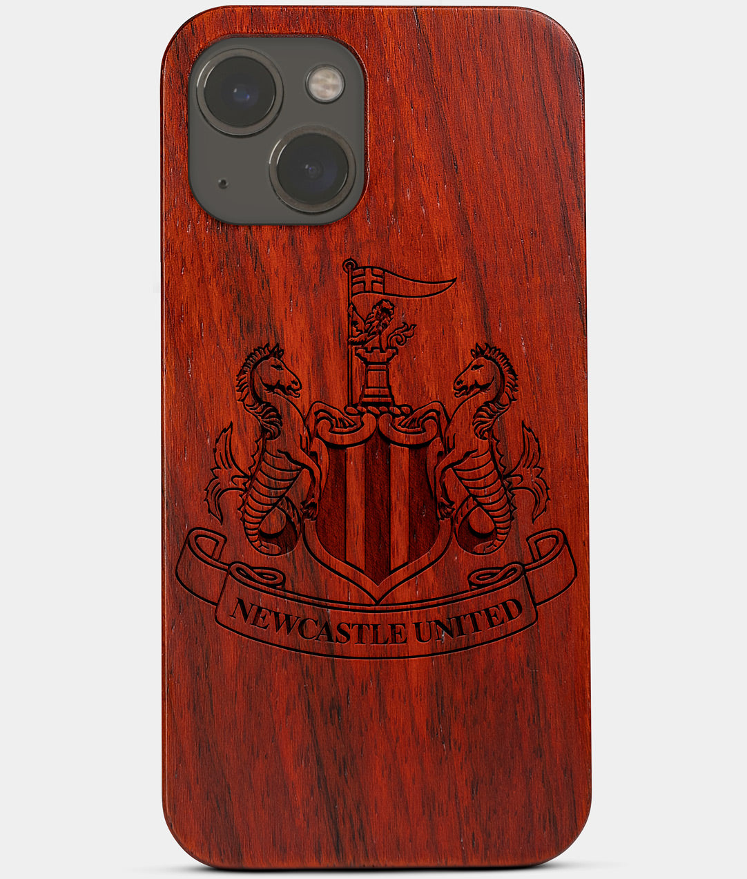 Carved Wood Newcastle United F.C. iPhone 13 Mini Case | Custom Newcastle United F.C. Gift, Birthday Gift | Personalized Mahogany Wood Cover, Gifts For Him, Monogrammed Gift For Fan | by Engraved In Nature