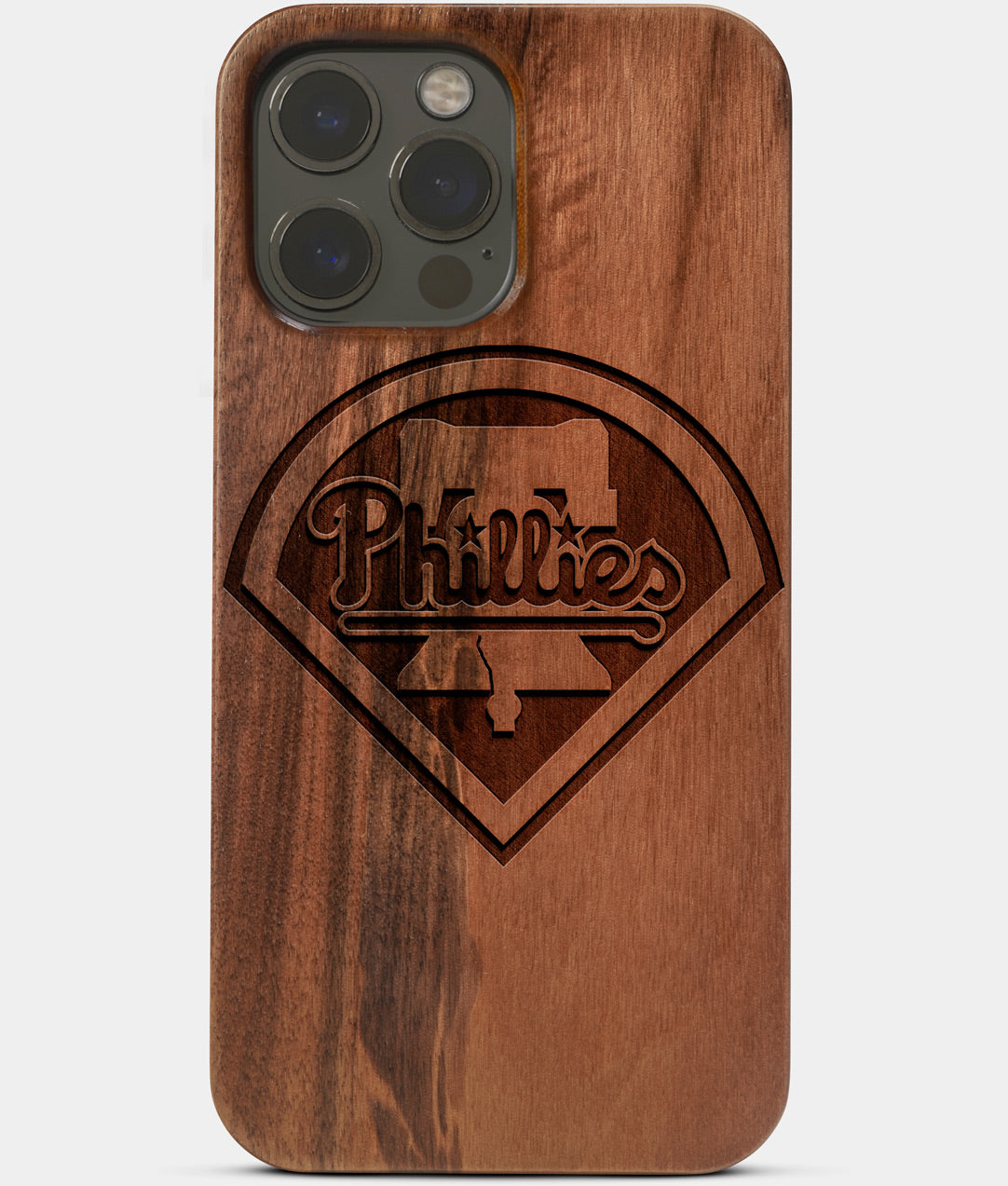 Carved Wood Philadelphia Phillies iPhone 13 Pro Case | Custom Philadelphia Phillies Gift, Birthday Gift | Personalized Mahogany Wood Cover, Gifts For Him, Monogrammed Gift For Fan | by Engraved In Nature