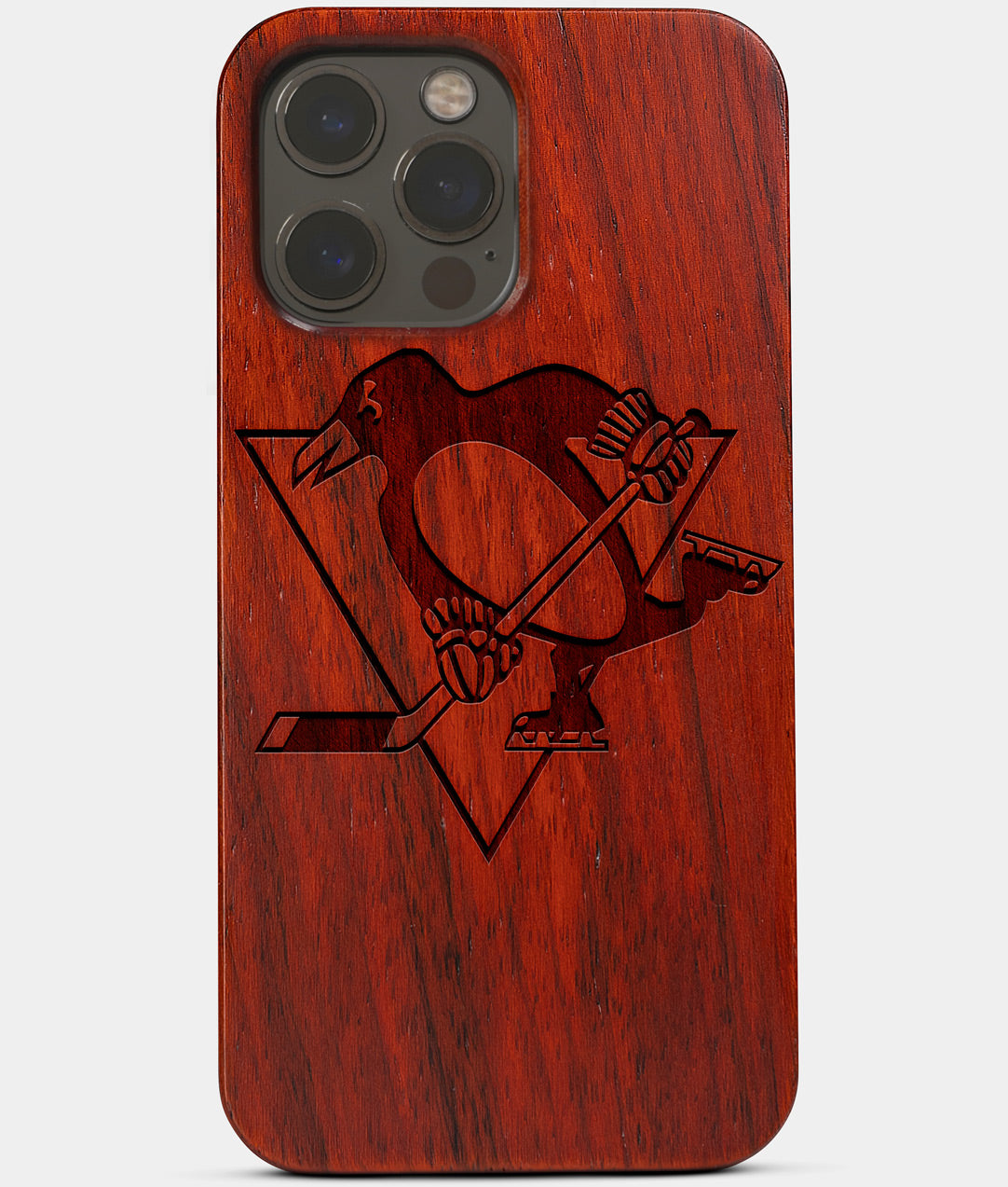 Carved Wood Pittsburgh Penguins iPhone 13 Pro Max Case | Custom Pittsburgh Penguins Gift, Birthday Gift | Personalized Mahogany Wood Cover, Gifts For Him, Monogrammed Gift For Fan | by Engraved In Nature