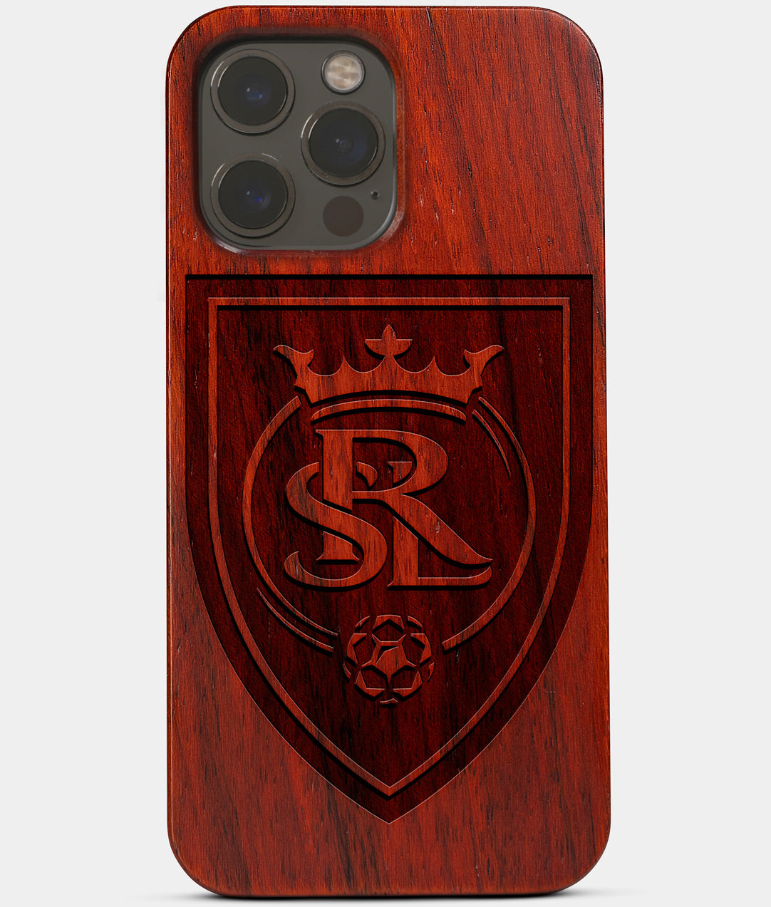 Carved Wood Real Salt Lake iPhone 13 Pro Case | Custom Real Salt Lake Gift, Birthday Gift | Personalized Mahogany Wood Cover, Gifts For Him, Monogrammed Gift For Fan | by Engraved In Nature