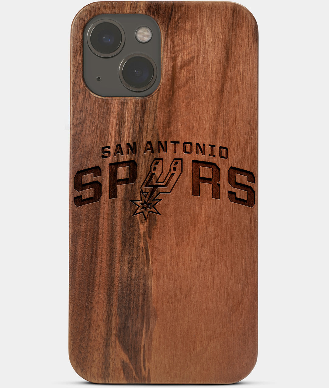 Carved Wood San Antonio Spurs iPhone 13 Case | Custom San Antonio Spurs Gift, Birthday Gift | Personalized Mahogany Wood Cover, Gifts For Him, Monogrammed Gift For Fan | by Engraved In Nature