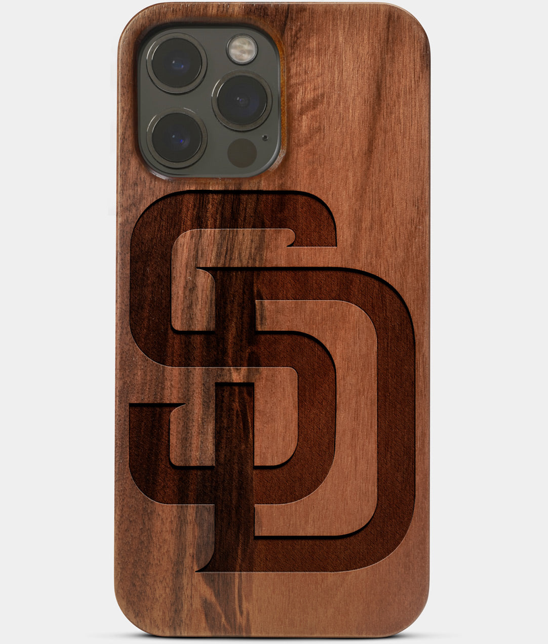 Carved Wood San Diego Padres iPhone 13 Pro Max Case | Custom SD Padres Gift, Birthday Gift | Personalized Mahogany Wood Cover, Gifts For Him, Monogrammed Gift For Fan | by Engraved In Nature