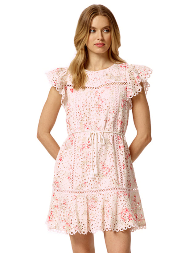 Hook and Eye Front Closure With Ruffled Trim Eyelet Mini Dress in