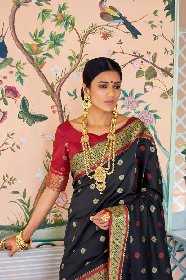 Coal Black Handloom Weaving Paithani Saree With Rich Golden Zari Detailing And Contrast Red Blouse - RangNeeti - A Complete Online Store for Designer Silk Sarees 