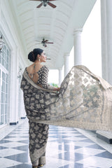 Charcoal Grey Lucknowi Soft Weaving Saree With Jacquard Weaving Blouse