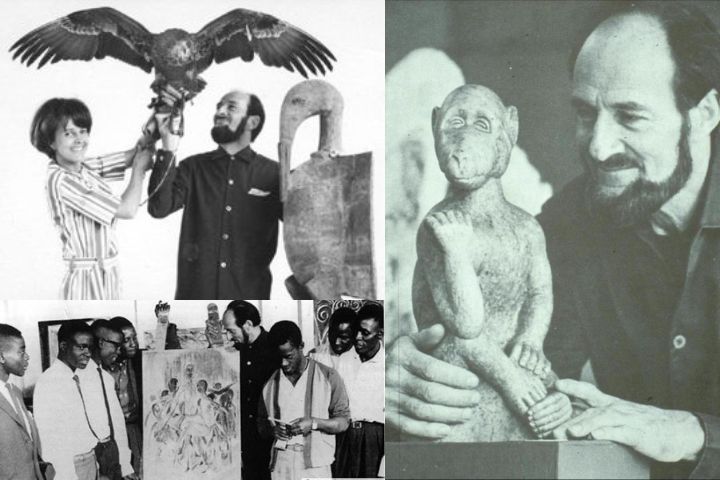 Black and white photo collage of Frank McEwan, the former director of the National Gallery of Zimbabwe