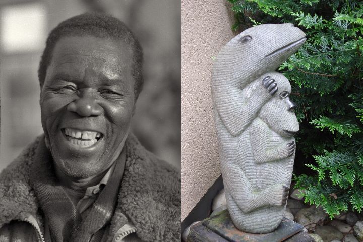 Zimbabwean sculptor Joram Mariga and one of his artworks