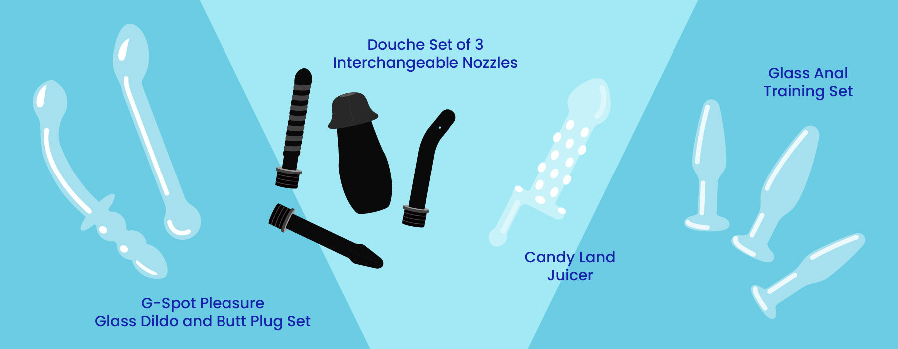 Douche Set of 3 Interchangeable Nozzles, Glass Anal Training Set, Candy Land Juicer, G-Spot Pleasure Glass Dildo and Butt Plug Set