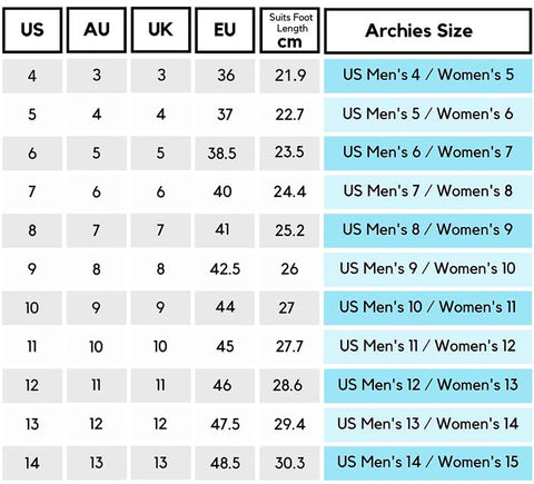 Archies Jandals Size chart | Physio Fusion