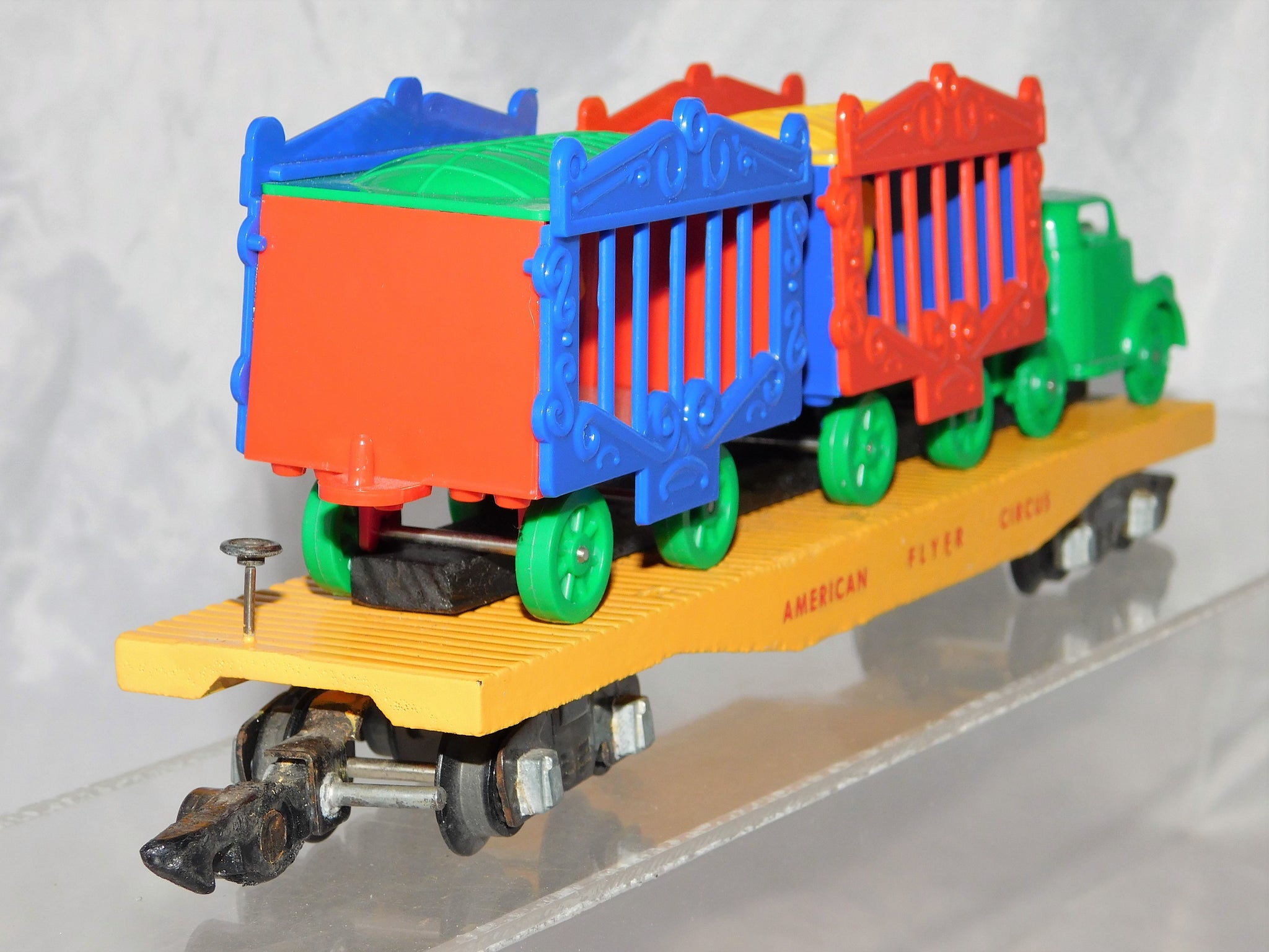 American Flyer #643 Yellow Wood Circus Flatcar w Lion/Zebra Cages+Truc ...