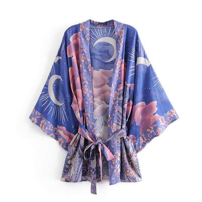 Women's Moon Boho Kimono Robe Blue#N#– wickedafstore