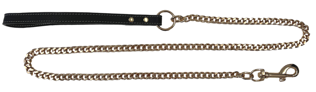 Dog Gold Chain Leash with Leather Handle